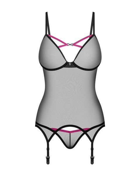 Корсет Obsessive Novenes corset & thong, XL/2XL, прозорий, відкрита спина, стрінги в комплекті SX0615 фото