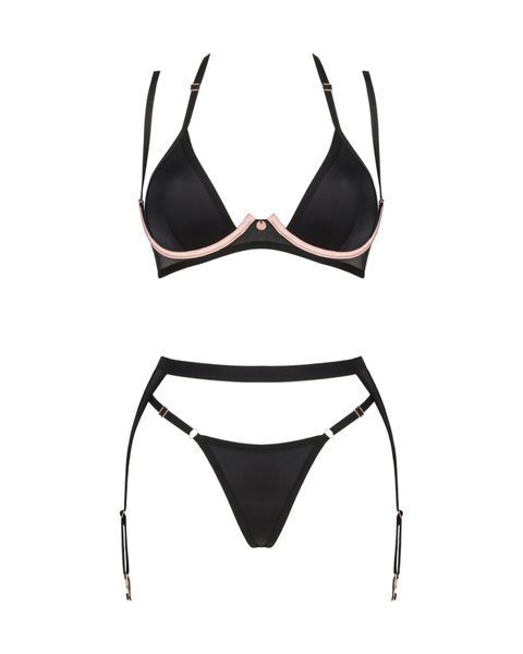 Комплект білизни Obsessive Selinne 3-pcs set XS/S Black, бюстгальтер, стрінги пояс для панчіх SO8667 фото
