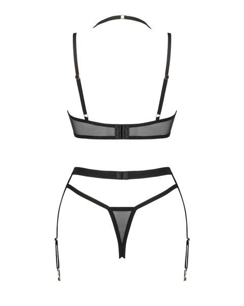 Комплект білизни Obsessive Selinne 3-pcs set XS/S Black, бюстгальтер, стрінги пояс для панчіх SO8667 фото