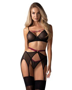 Комплект Obsessive Novenes 3-pcs set, M/L, прозорий ліф на кісточках, стрінги, пояс SX0617 фото
