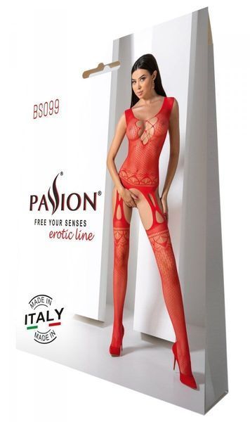 Бодістокінг з плетінням на грудях Passion BS099 One Size, red, відкритий доступ, імітація підв&rsquo;язок SO8939 фото