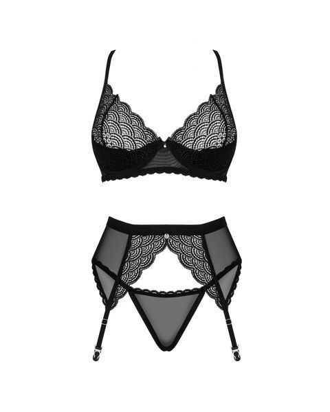 Комплект Obsessive Chemeris 3-pcs set XS/S, стрінги, пояс для панчіх, бюстгальтер SO9767 фото