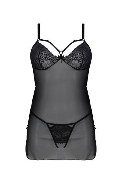 Пеньюар Passion DROSERA CHEMISE black, XXL/XXXL, мереживний ліф зі стрепами, трусики в комплекті SX0475 фото