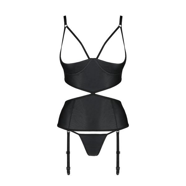 Корсет з відкритими грудьми Passion JANNIES CORSET XXL/XXXL black, стрінги в наборі SO8447 фото