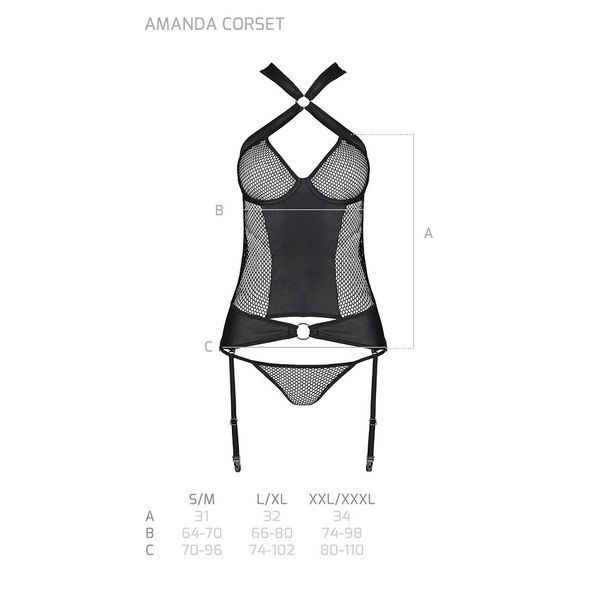 Сітчастий комплект корсет з халтером, зйомні підв'язки та трусики Passion AMANDA CORSET L/XL, black SO5318 фото