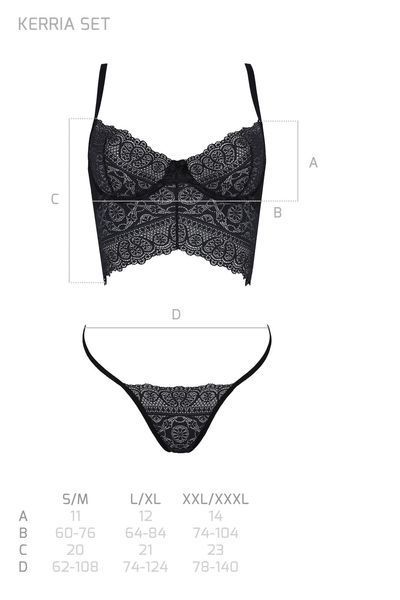 Комплект Passion KERRIA SET black, S/M, сітка+мереживо, бюстьє та стрінги SX0492 фото