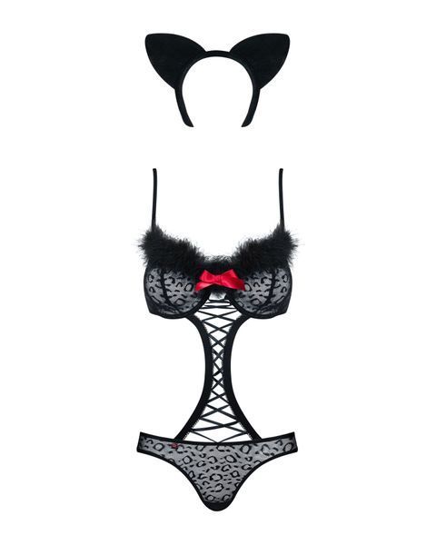 Еротичний костюм гепарду Obsessive Gepardina 3 pcs costume L/XL, чорний, хутряне оздоблення, монокін SO7277 фото