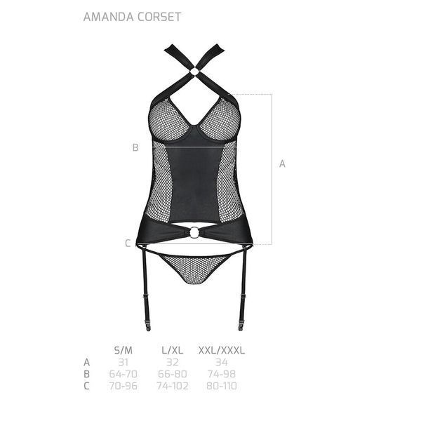 Сітчастий комплект корсет з халтером, зйомні підв'язки і трусики Passion AMANDA CORSET 2XL/3XL black SO5320 фото