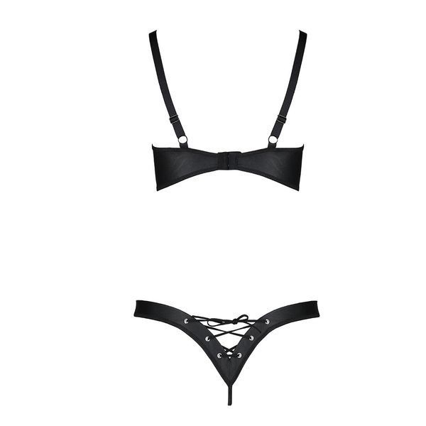 Комплект з екошкіри Passion CELINE BIKINI S/M black відкритий бра зі стрічками, стрінги зі шнурівкою SO6401 фото