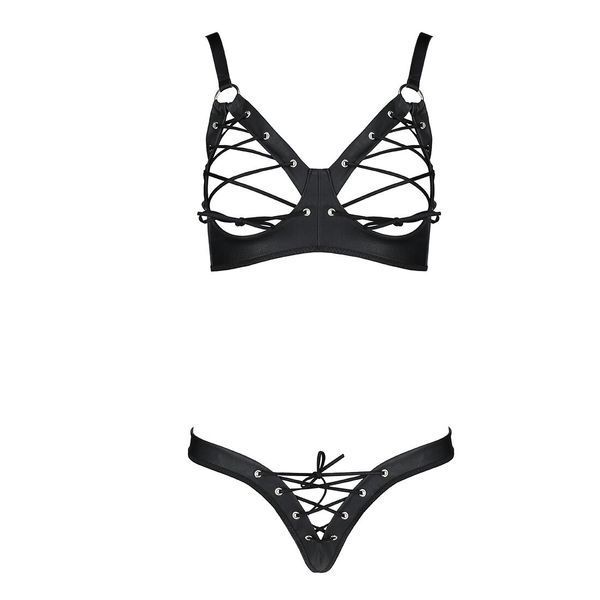 Комплект Passion CELINE BIKINI 2XL/3XL black відкритий бра з стрічками стрінги з шнурівкою, екошкіра SO6402 фото