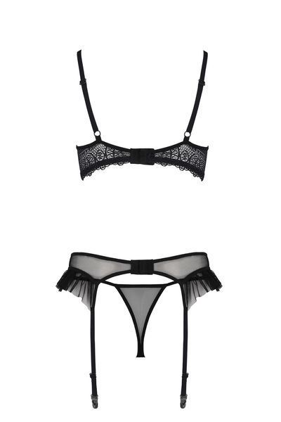 Комплект Passion KERRIA SET WITH OPEN BRA black, S/M, бюстгальтер з відкритою чашкою, стрінги, пояс для панчіх SX0495 фото
