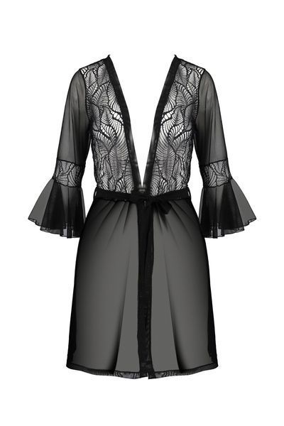 Пеньюар Passion LEAFA PEIGNOIR black S/M, довжина трохи вище коліна, широкі рукави, зав'язується на пояс SX0507 фото