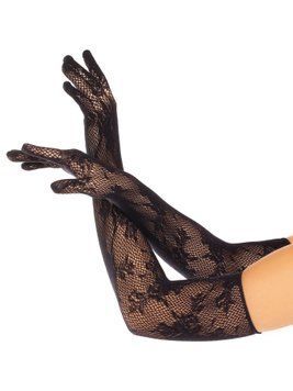 Рукавички Leg Avenue Lace Opera Length Gloves, One Size, чорні, вище ліктя, сітка з квітковим візерунком SX1055 фото