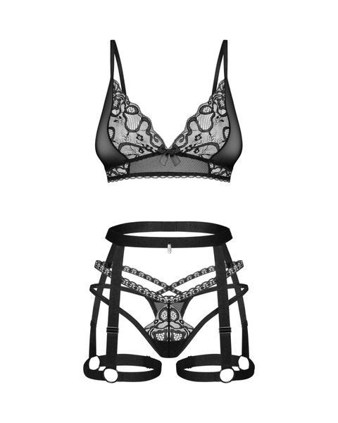 Комплект Obsessive Blomentis 3-pcs set, XL/2XL, м&rsquo;який ліф, стрінги зі стрепами, пояс із гартерами SX1035 фото