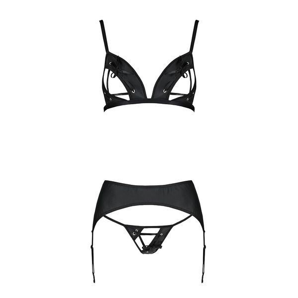 Комплект з екошкіри Passion MILEY SET L/XL, black, трусики, бюстгальтер, пояс для панчіх SO5771 фото