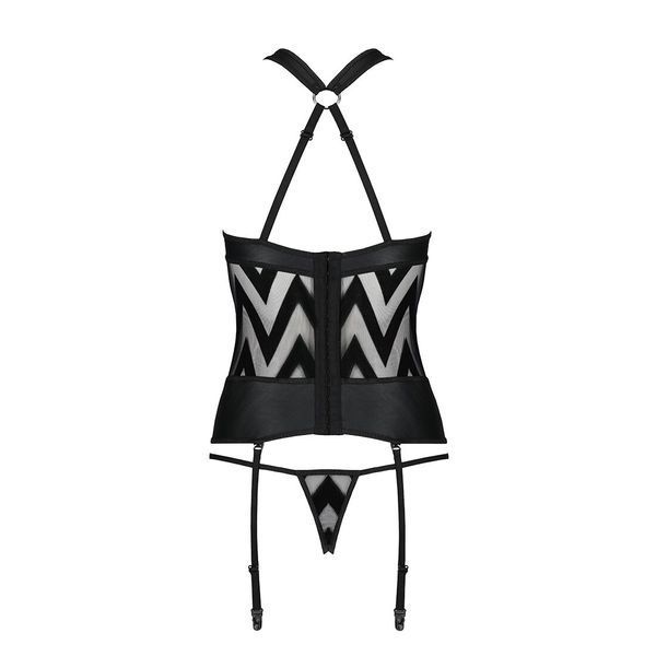 Сітчастий комплект із візерунком, корсет, підв'язки, трусики Passion HIMA CORSET XXL/XXXL black SO5351 фото