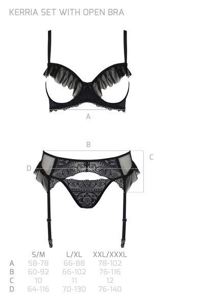 Комплект Passion KERRIA SET WITH OPEN BRA black, XXL/XXXL, бюстгальтер з відкритою чашкою, стрінги, пояс для панчіх SX0496 фото