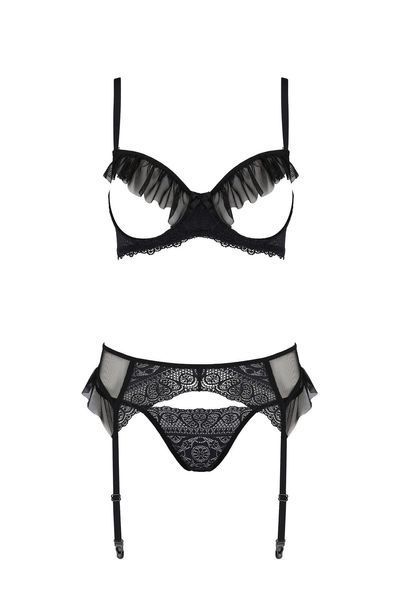 Комплект Passion KERRIA SET WITH OPEN BRA black, XXL/XXXL, бюстгальтер з відкритою чашкою, стрінги, пояс для панчіх SX0496 фото