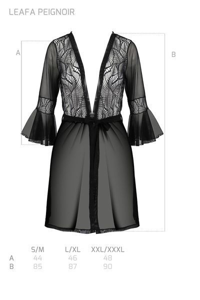 Пеньюар Passion LEAFA PEIGNOIR black, XXL/XXXL, довжина трохи вище коліна, широкі рукави, зав'язується на пояс SX0508 фото