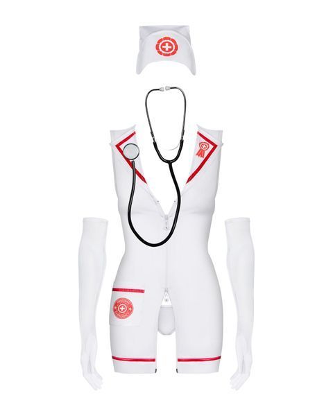 Еротичний костюм медсестри Obsessive Emergency dress S/M, white, сукня, стринги, рукавички, чепчик, стетоскоп SO7704 фото