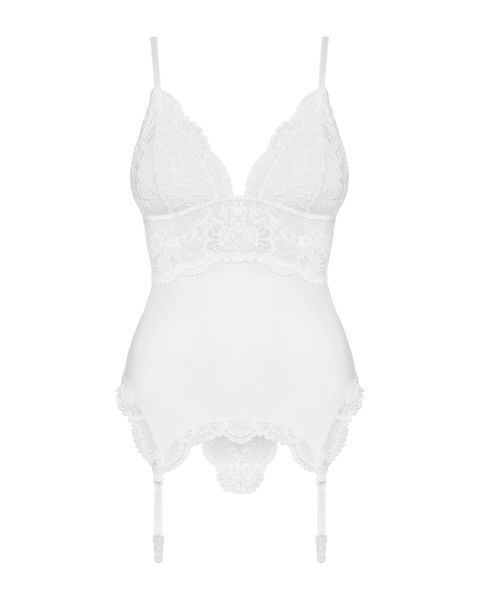 Сатиновий мереживний корсет Obsessive 810-COR-2 babydoll & thong S/M, білий, корсет, танга SO7158 фото