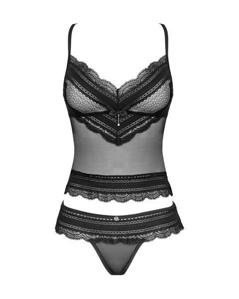 Напівпрозорий набір з прикрасами Obsessive Ivannes top & thong S/M, чорний, топ та танга SO7283 фото