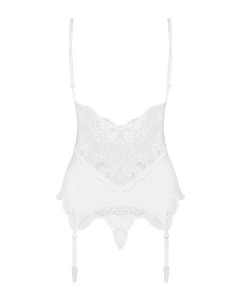 Сатиновий мереживний корсет Obsessive 810-COR-2 babydoll & thong L/XL, білий, корсет, танга SO7159 фото