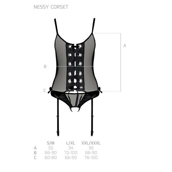 Корсет зі шнурівкою Passion NESSY CORSET L/XL black, стрінги з відкритим доступом, пажі для панчіх SO8454 фото