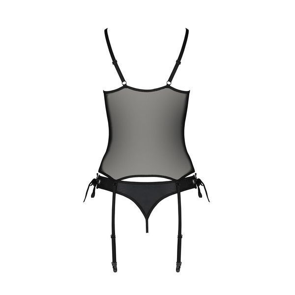 Корсет зі шнурівкою Passion NESSY CORSET L/XL black, стрінги з відкритим доступом, пажі для панчіх SO8454 фото