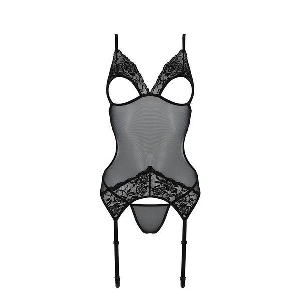 Корсет із підв&rsquo;язками та ажурним ліфом Passion CHRISTA CORSET XXL/XXXL, black, стрінги в комплекті SO5758 фото