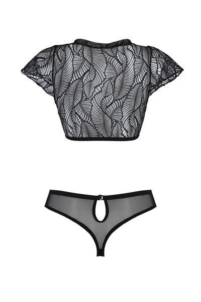Комплект Passion LEAFA BIKINI black S/M, бюстгальтер-топ з рукавчиками, стрінги-шортики з вирізом SX0498 фото