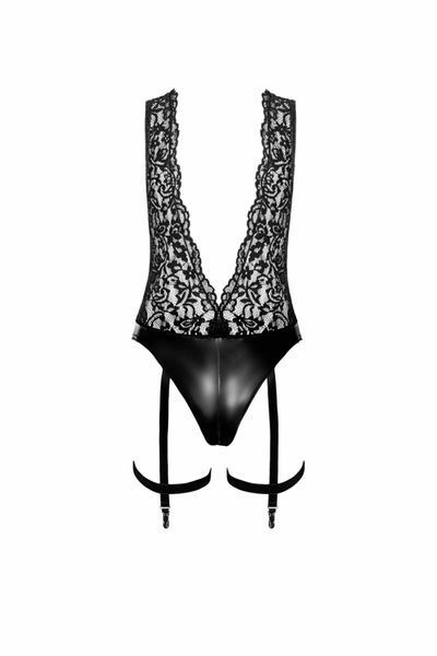 Боді Noir Handmade F297 Libido, M, чорне, мереживо, низ під латекс, відкритий доступ, гартери SX0220 фото