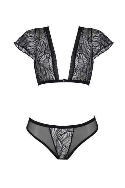 Комплект Passion LEAFA BIKINI black S/M, бюстгальтер-топ з рукавчиками, стрінги-шортики з вирізом SX0498 фото