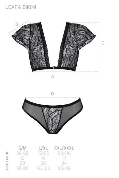 Комплект Passion LEAFA BIKINI black S/M, бюстгальтер-топ з рукавчиками, стрінги-шортики з вирізом SX0498 фото