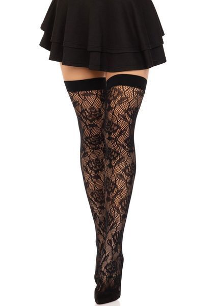 Панчохи Leg Avenue Wild rose net thigh highs, One Size, чорні, широка резинка, малюнок-троянди SX1042 фото