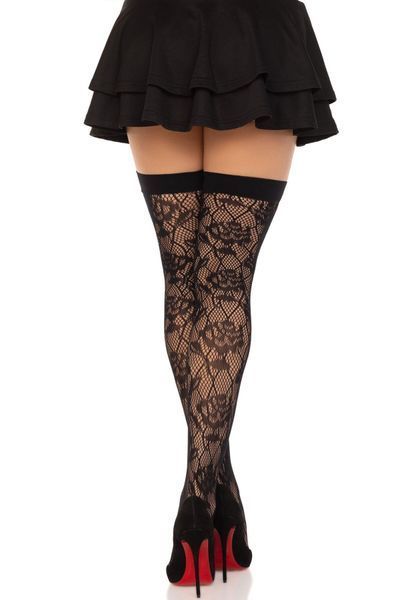 Панчохи Leg Avenue Wild rose net thigh highs, One Size, чорні, широка резинка, малюнок-троянди SX1042 фото