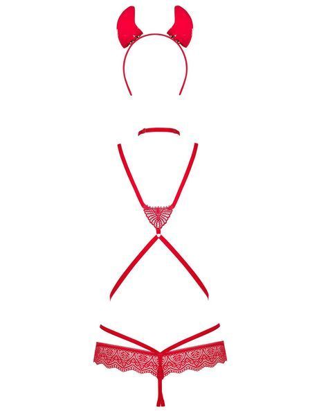 Еротичний костюм чортика зі стреп Obsessive Evilia teddy red S/M, боді, чокер, накладки на соски, обруч з ріжками SO7706 фото