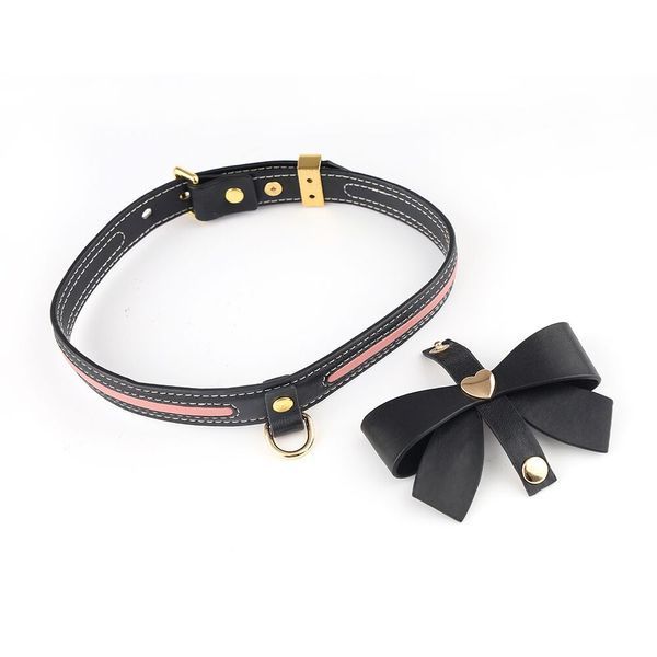 Нашийник з повідцем LOCKINK SEVANDA Love Heart Butterfly Leather Collar Set, чорно-рожевий, з бантом SX0863 фото