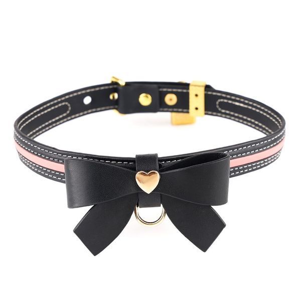 Нашийник з повідцем LOCKINK SEVANDA Love Heart Butterfly Leather Collar Set, чорно-рожевий, з бантом SX0863 фото