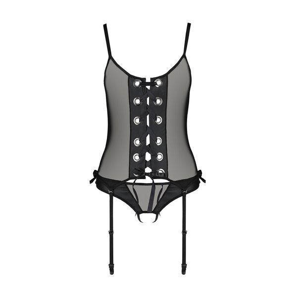 Корсет зі шнурівкою Passion NESSY CORSET S/M black, стрінги з відкритим доступом, пажі для панчіх SO8455 фото