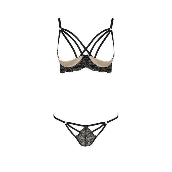 Комплект білизни Passion Exclusive VALERY SET OpenBra L/XL, black, стрепи, трусики, відкритий ліф PS25104 фото