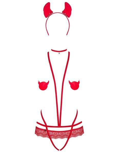 Еротичний костюм чортика зі стреп Obsessive Evilia teddy red L/XL SO7707 фото