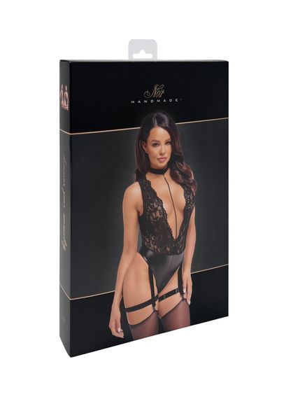 Боді Noir Handmade F297 Libido, XL, чорне, мереживо, низ під латекс, відкритий доступ, гартери SX0222 фото