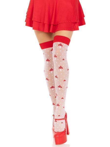 Панчохи Leg Avenue Polka Dot Mushroom Thigh Highs, One Size, біло-червоні, на резинці, малюнок &mdash; гриби SX1044 фото