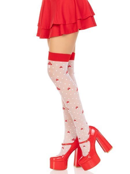 Панчохи Leg Avenue Polka Dot Mushroom Thigh Highs, One Size, біло-червоні, на резинці, малюнок &mdash; гриби SX1044 фото