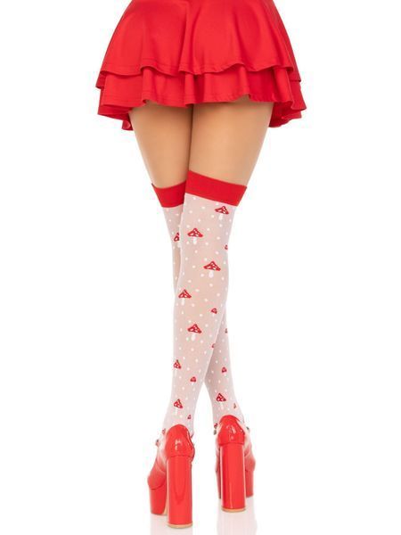 Панчохи Leg Avenue Polka Dot Mushroom Thigh Highs, One Size, біло-червоні, на резинці, малюнок &mdash; гриби SX1044 фото