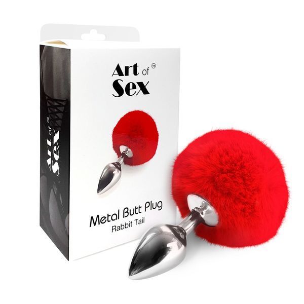 Металева анальна пробка М Art of Sex - Metal Butt plug Rabbit Tail Red, діаметр 3,4 см SO6963 фото
