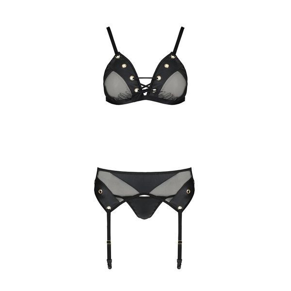 Комплект білизни Passion NESSY SET L/XL black, бюстгальтер, пояс для панчіх, стрінги SO8457 фото