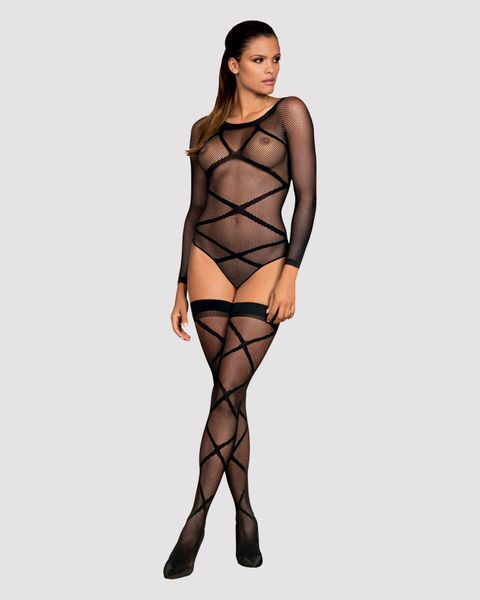 Бодістокінг Obsessive Bodystocking G320 S/M/L, панчохи, боді, декор у вигляді ліній SO7241 фото
