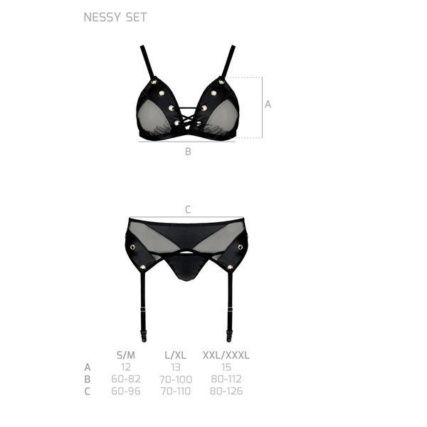 Комплект білизни Passion NESSY SET S/M black, бюстгальтер, пояс для панчіх, стрінги SO8458 фото